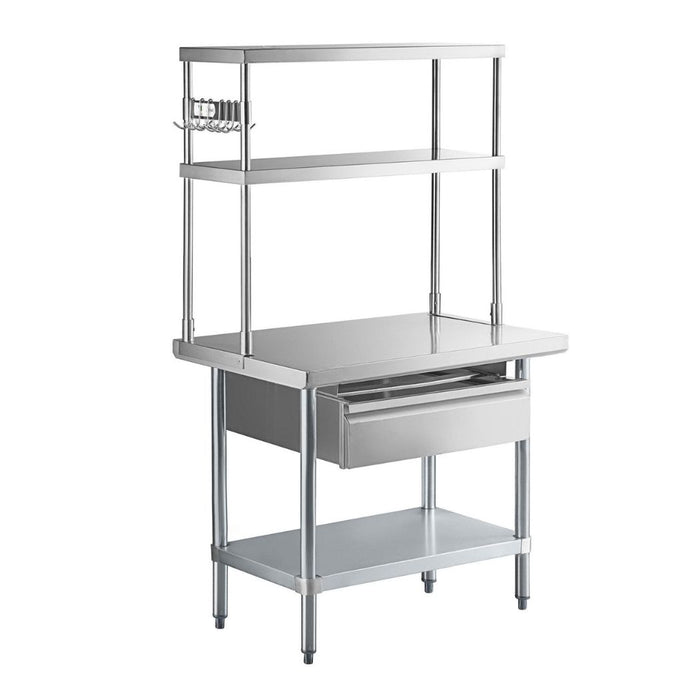 36" x 24" Stainless Steel Prep Table w/ Overshelves, Drawer & Undershelf