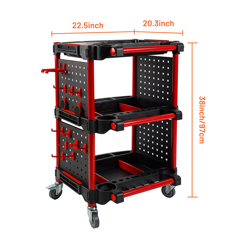 Holzoffer Auto Detailing Tool Cart, 3-Tier Rolling Utility Cart with Tool Hanging Board & Hook, Car Detailing Organizer for Mechanics & Detailers During Repairs Car Wash/Wax