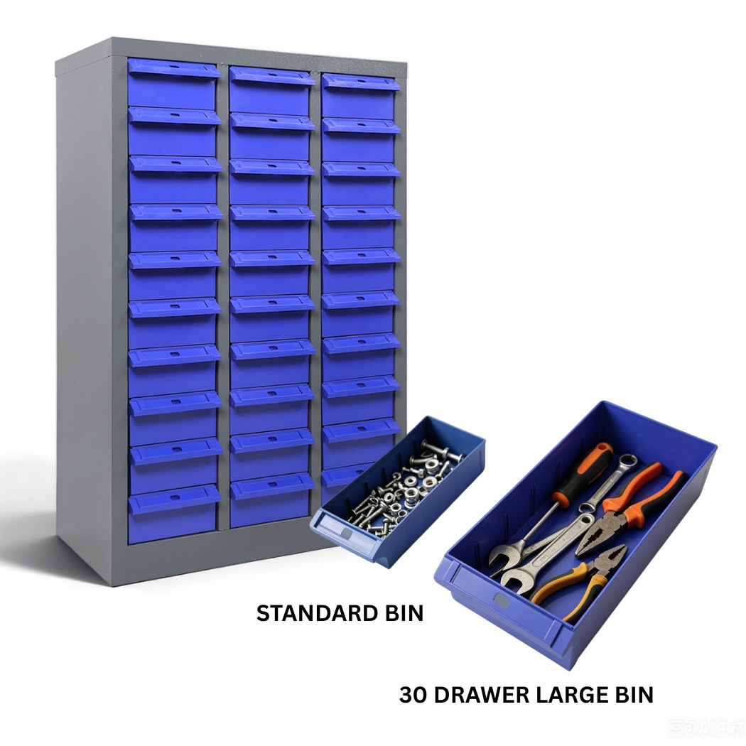 30 Bin Drawer Storage Cabinet, Large Bins, 21.5"D x 12.4"W x 34.3"H, Industrial Parts Organizer