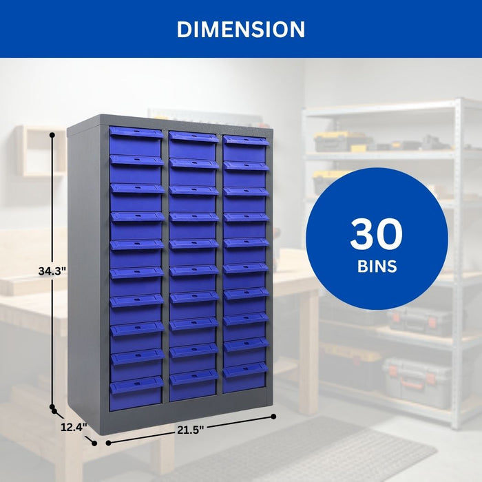 30 Bin Drawer Storage Cabinet, Large Bins, 21.5"D x 12.4"W x 34.3"H, Industrial Parts Organizer