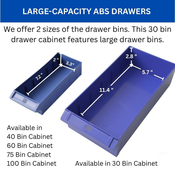 30 Bin Drawer Storage Cabinet, Large Bins, 21.5"D x 12.4"W x 34.3"H, Industrial Parts Organizer
