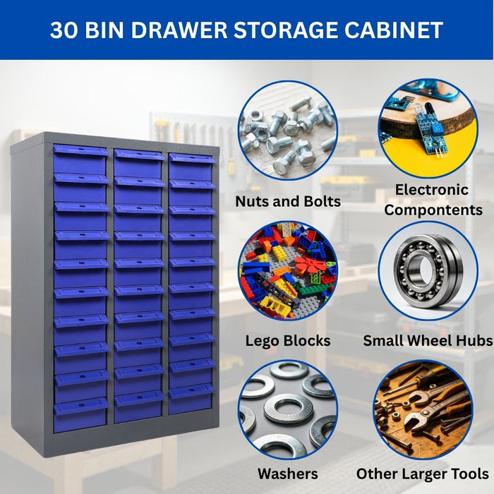 30 Bin Drawer Storage Cabinet, Large Bins, 21.5"D x 12.4"W x 34.3"H, Industrial Parts Organizer