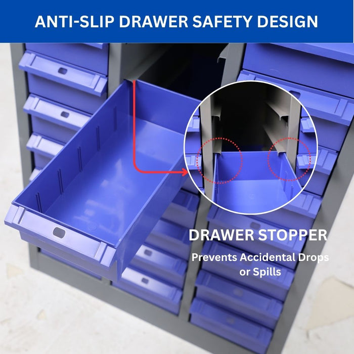 30 Bin Drawer Storage Cabinet, Large Bins, 21.5"D x 12.4"W x 34.3"H, Industrial Parts Organizer