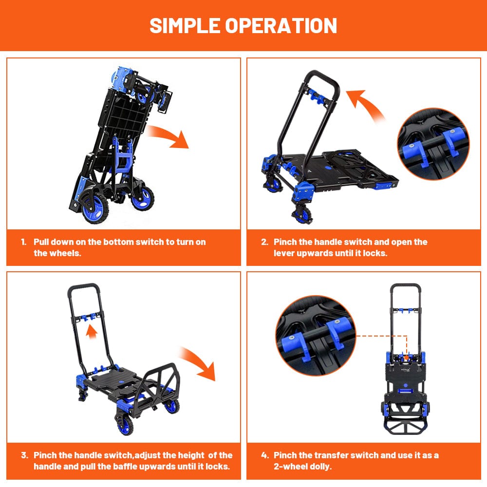 Holzoffer 2 in 1 Folding Hand Truck, Heavy Duty 330LBS Capacity Platform Cart with 4 Wheels and Retractable Handle