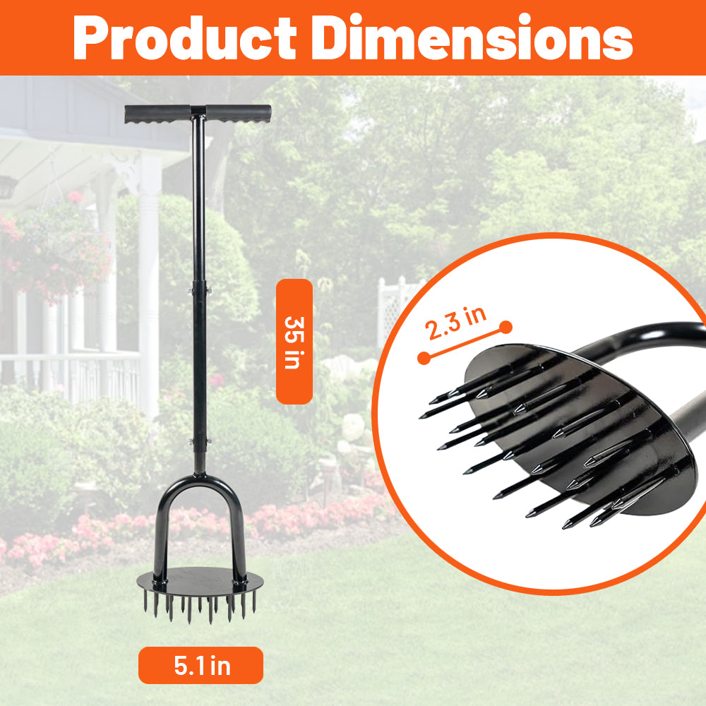 Holzoffer Heavy Duty Lawn Aerator, 35" Garden Manual Clean Tool with 19 Iron Spikes for Aerating Lawns and Yard Car Loosening Soil