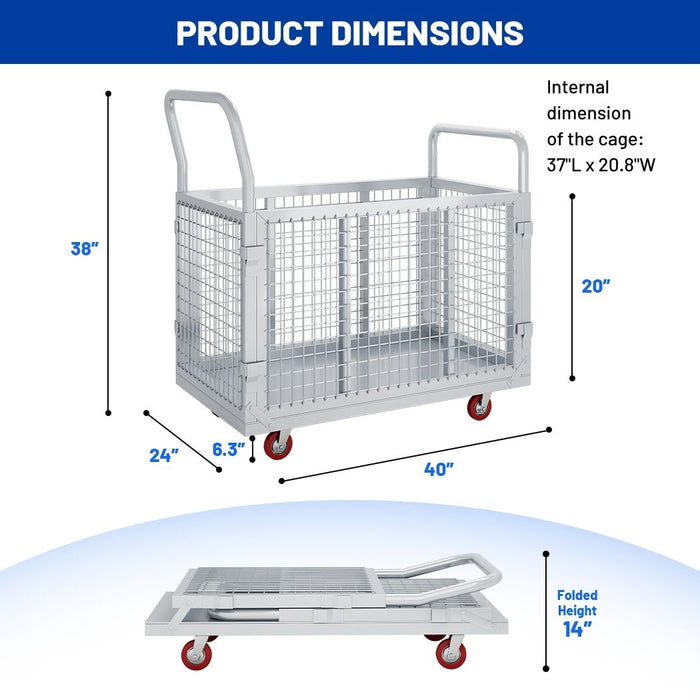 Side Panel Platform Truck 40"L x 24"W x 38"H, 1600lbs Capacity, 6-in-1 Cage Cart, Basket Truck