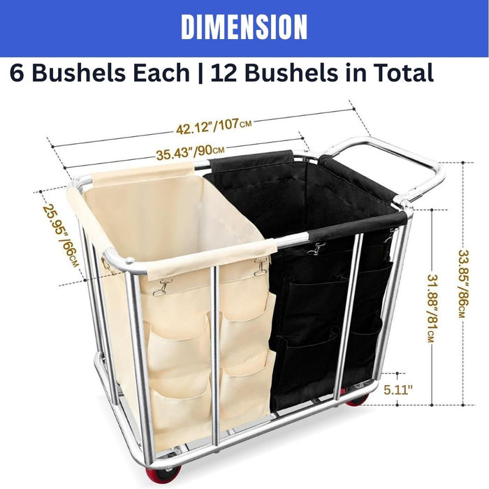 Commercial Laundry Cart w/ Handle, 12 Bushel, 42"L x 26"W x 33.8"H, 2 Canvas Bag and 8 Side Bags