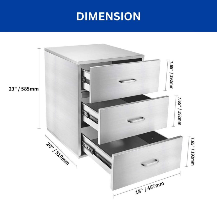 3 Drawer Stainless Steel Kitchen Cabinet, 18"W x 20"D x 23"H, Outdoor Kitchen Cabinet