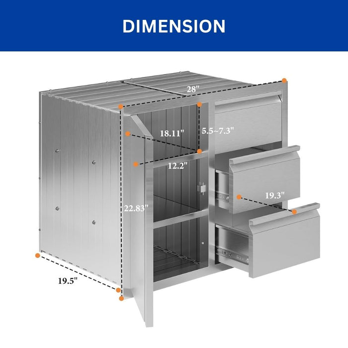 3 Drawer Stainless Steel Kitchen Cabinet, 28"W x 20"D x 23"H, Outdoor Kitchen Cabinet