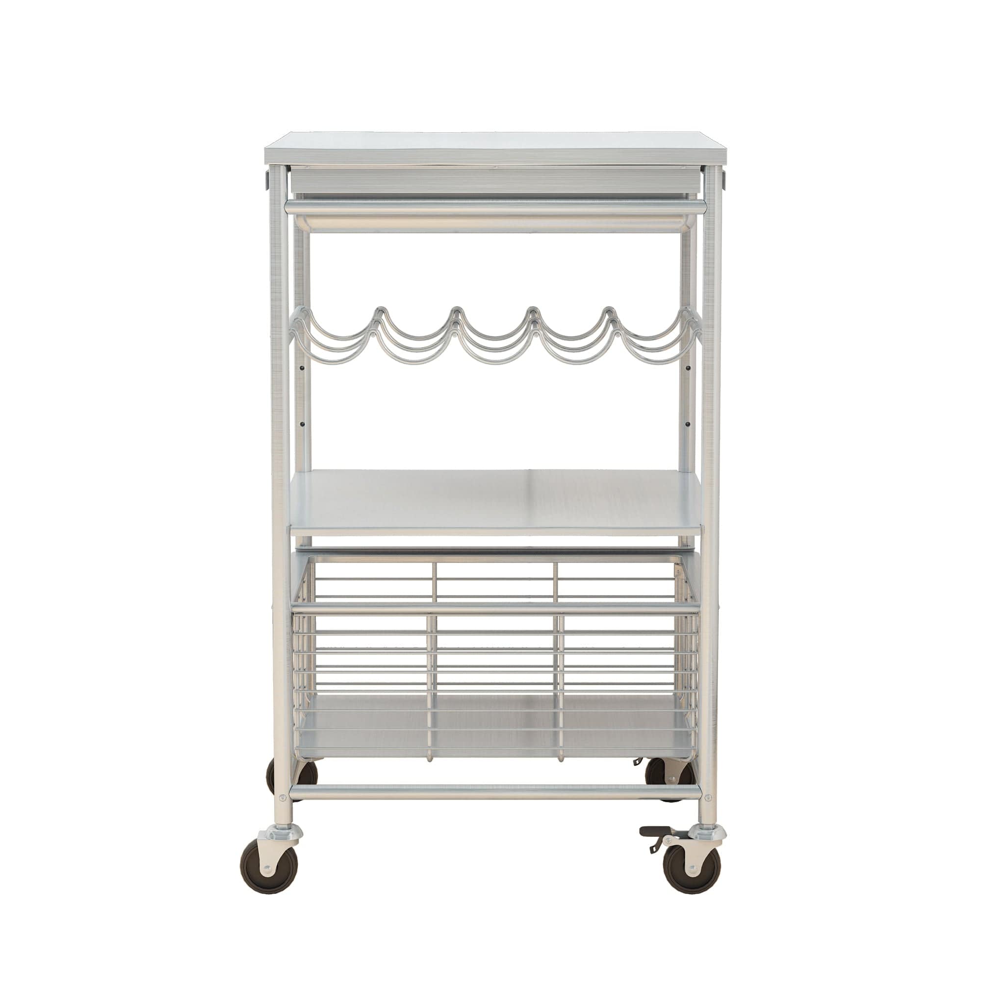 Holzoffer 34 Inch Modern Kitchen Bar Cart, 3 Shelves, Wine Rack, Wheels, White