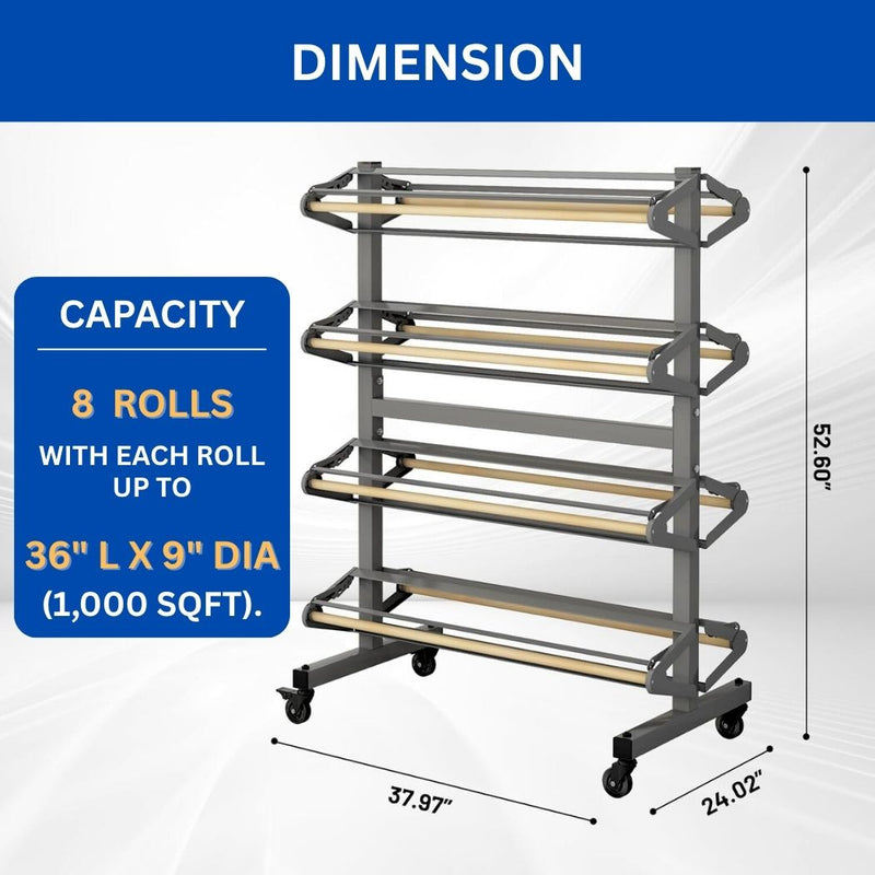 8 Rolls Horizontal Paper Rack with Cutter & Casters, For Use with 36"W Rolls, 8 Deck Paper Roll Dispenser