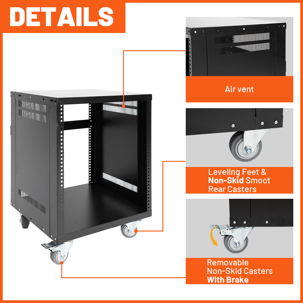 Holzoffer 12U Rolling Equipment Rack Stand, Network Rack Stereo Rack with Locking Swivel Caster Wheels