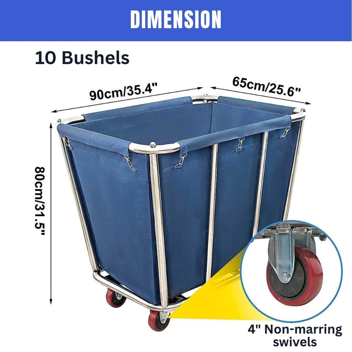 Commercial Laundry Cart, 10 Bushel, 35.4"L x 25.6"W x 31.5"H, Canvas Bag