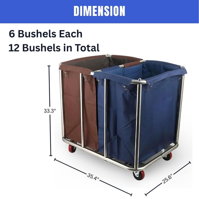 Commercial Laundry Cart, 12 Bushel, 35.4"L x 25.6"W x 33.3"H, 2 Canvas Bag