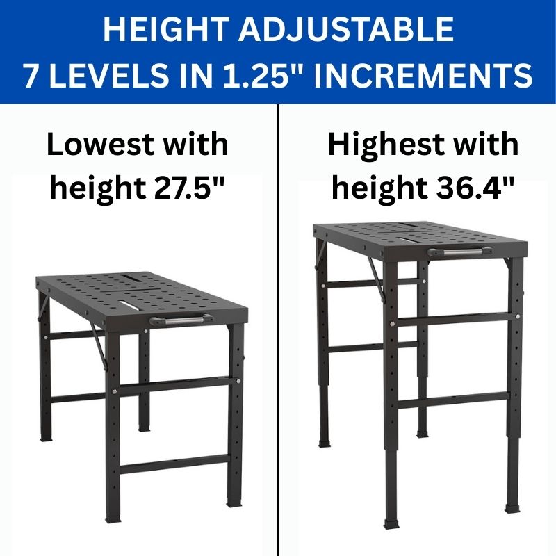 Height Adjustable Folding Weld Table w/ Wheels, 42" x 21" x 27.5-36.4"H, 1000 lbs Load Capacity