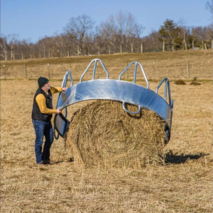 Round Hay Bale Feeder 8ft Dia w/ Hay Saver for Horses, 50"H Silver Hay Ring