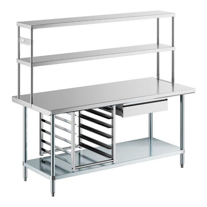 72" x 30" Stainless Steel Prep Table w/ Overshelves, Drawers, Bun Pan Rack & 6 Bun Pans