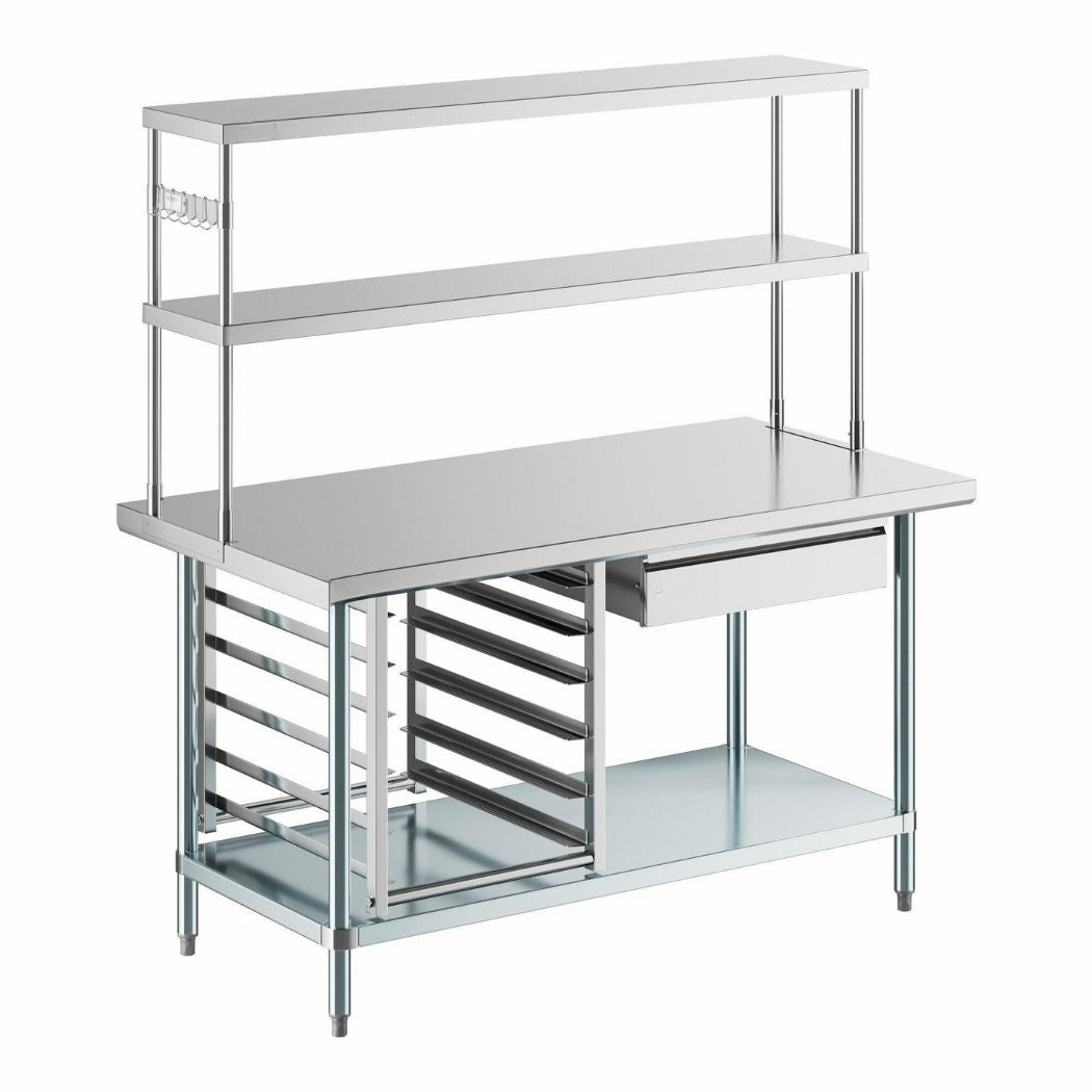 60" x 30" Stainless Steel Prep Table w/ Overshelves, Drawers, Bun Pan Rack & 6 Bun Pans