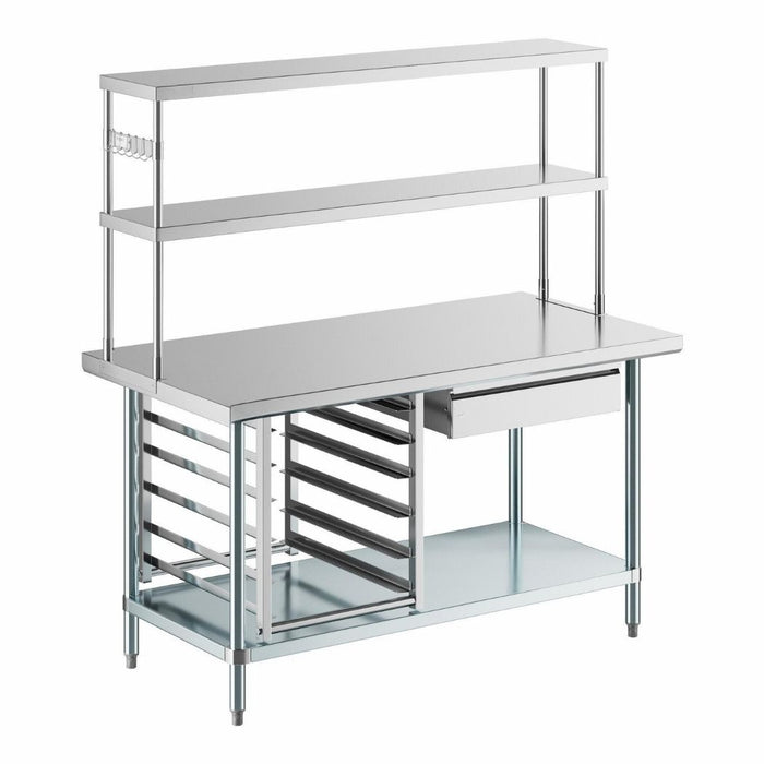 60" x 30" Stainless Steel Prep Table w/ Overshelves, Drawers, Bun Pan Rack & 6 Bun Pans
