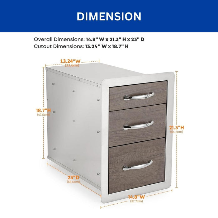 3 Drawer Stainless Steel Kitchen Cabinet, 15"W x 23"D x 21.3"H, Outdoor Kitchen Cabinet