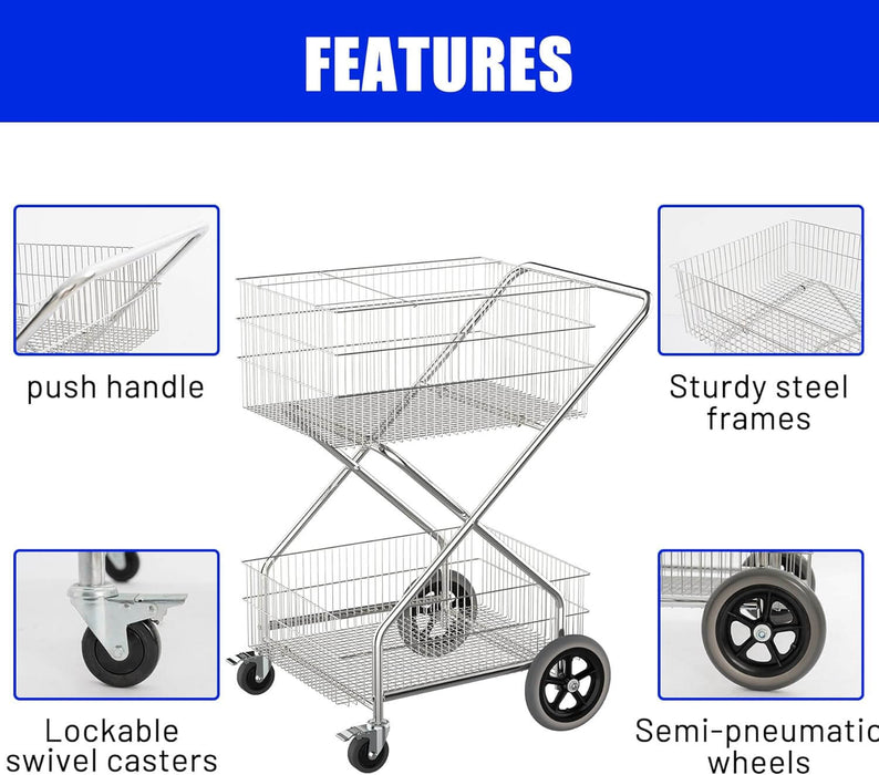 Rolling Double Basket Wire Mail Cart with Wheels, 25.59"D x 33.86"W x 32.87"H