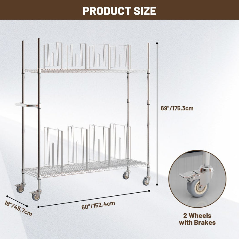 2-Shelf Steel Carton Stand w/ Casters & 8 Dividers, 60"L x 18"W x 69"H, Chrome