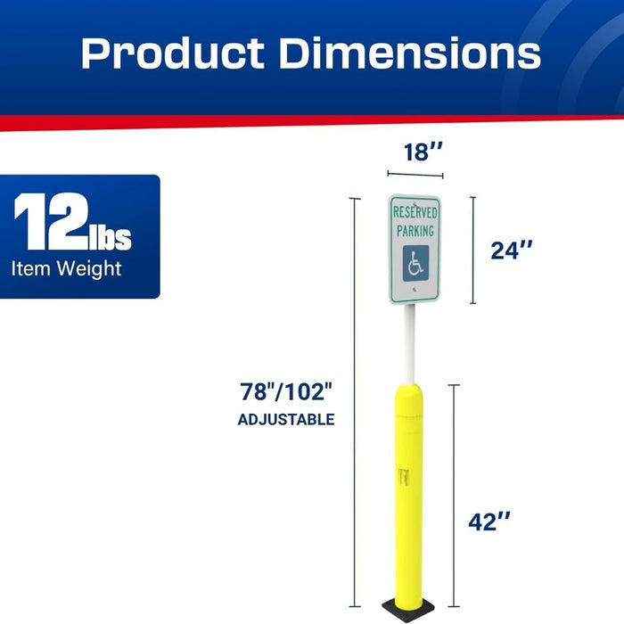 Impact Recovery Handicap Parking Sign Post w/ Yellow Bollard Cover, 78"/102" Height Adjustable