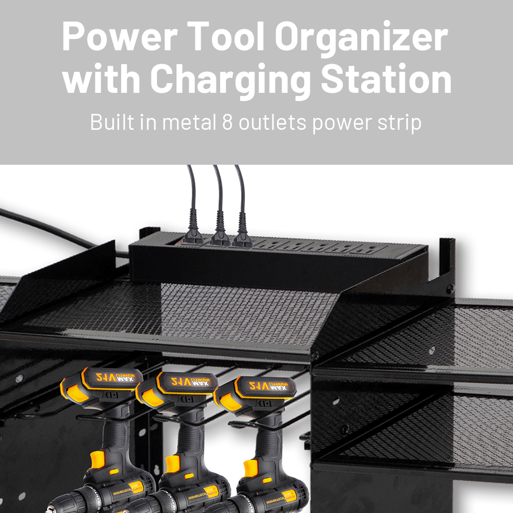 Holzoffer Black Large Tools Organizer Wall Mount Charging Station, 39 Inch Long Power Tool Battery Storage Rack