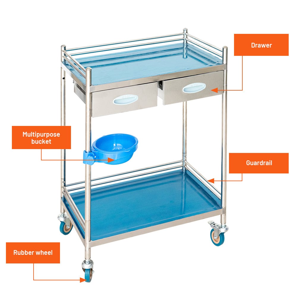 Holzoffer 2 Layers Lab Serving Cart, Lab Utility Rolling Stainless Steel Medical Clinic Trolley with 2 Drawers Lockable Wheels