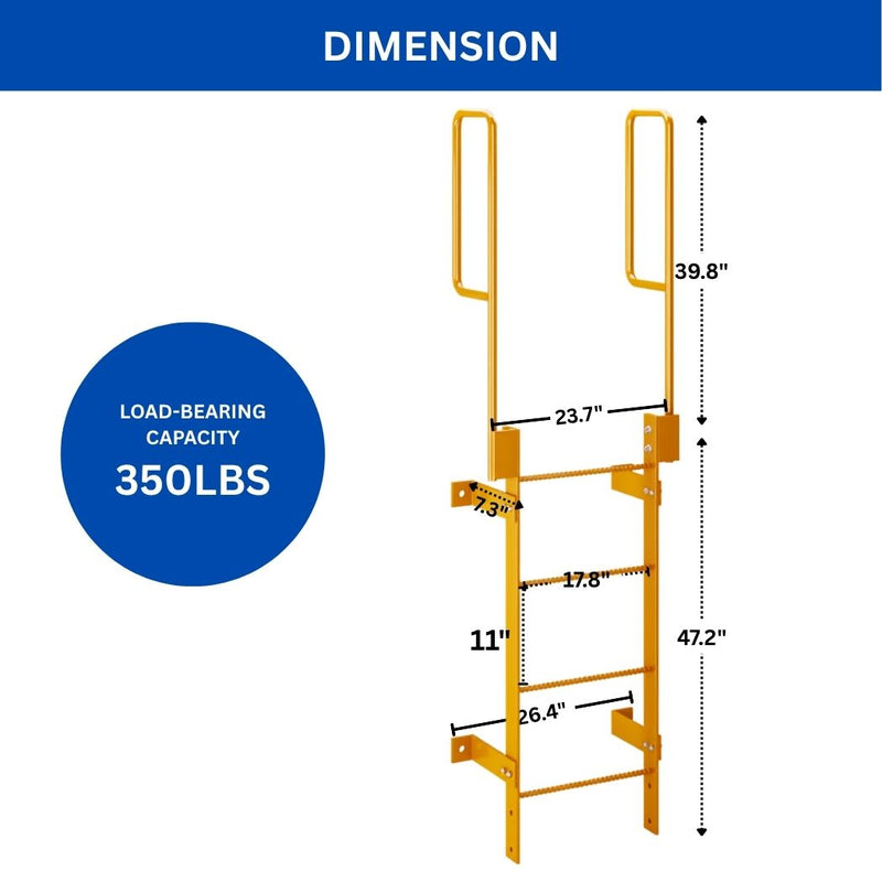 4 Step Steel Roof Access Ladder 3'H, With Handrails, Wall Mount, Yellow
