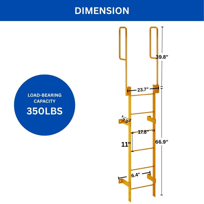6 Step Steel Roof Access Ladder 5'H, Wall Mount, Yellow