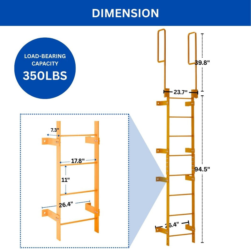8 Step Steel Roof Access Ladder 7'H, Wall Mount, Yellow