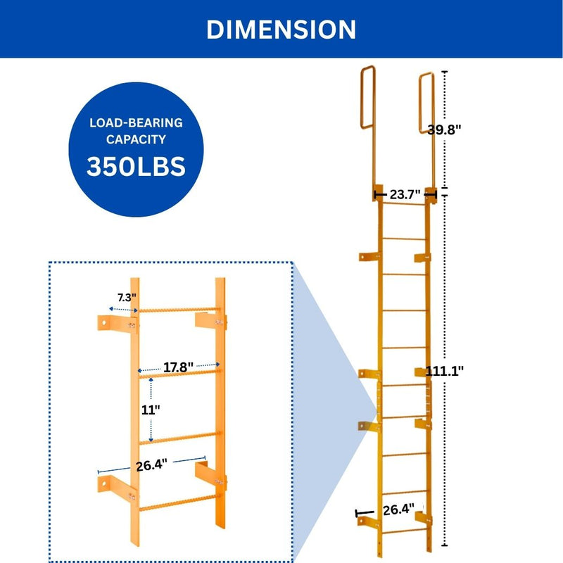 10 Step Steel Roof Access Ladder 9'H, Wall Mount, Yellow
