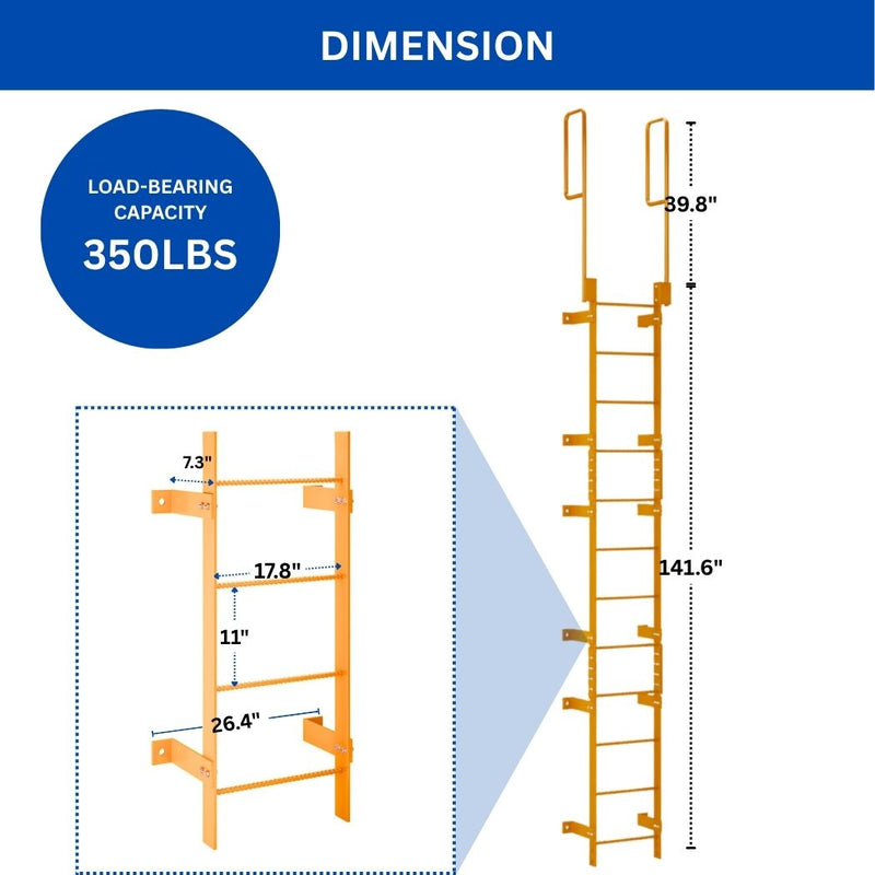 12 Step Steel Roof Access Ladder 11'H, Wall Mount, Yellow