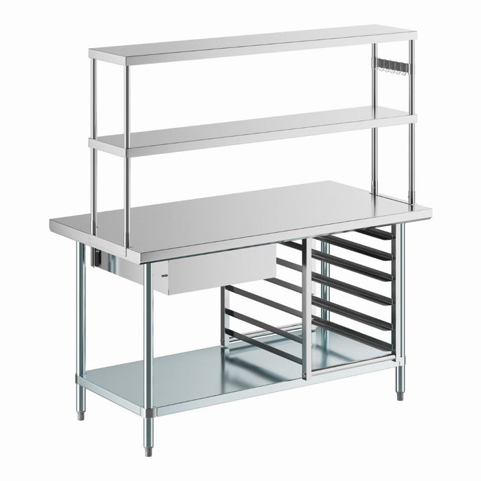 60" x 30" Stainless Steel Prep Table w/ Overshelves, Drawers, Bun Pan Rack & 6 Bun Pans