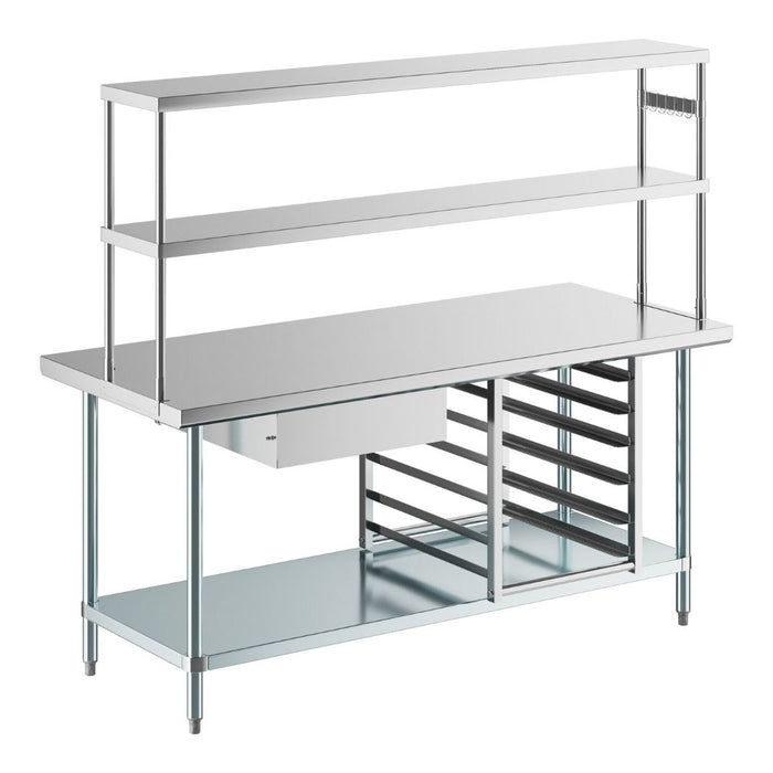 72" x 30" Stainless Steel Prep Table w/ Overshelves, Drawers, Bun Pan Rack & 6 Bun Pans