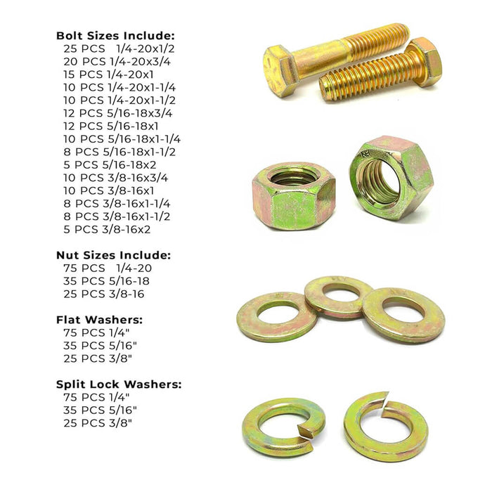 574-Piece Grade 8 Coarse Thread Fastener Assortment with Heavy-Duty Metal Drawer Toolbox, Yellow Zinc Finish