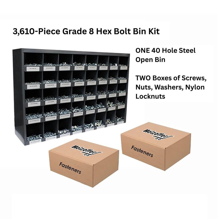 3,610-Piece Grade 8 Hex Bolt Bin Kit with 40-Hole Steel Open Bin, Yellow Zinc Finish