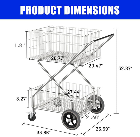 Rolling Double Basket Wire Mail Cart with Wheels, 25.59"D x 33.86"W x 32.87"H