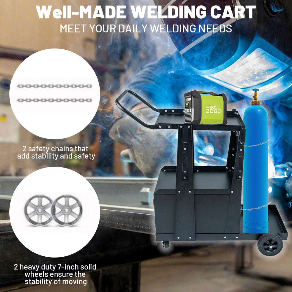 Holzoffer Heavy Duty 2-Tier Welding Cart with Upgraded 360° Swivel Wheels and Tank Storage Safety Chains