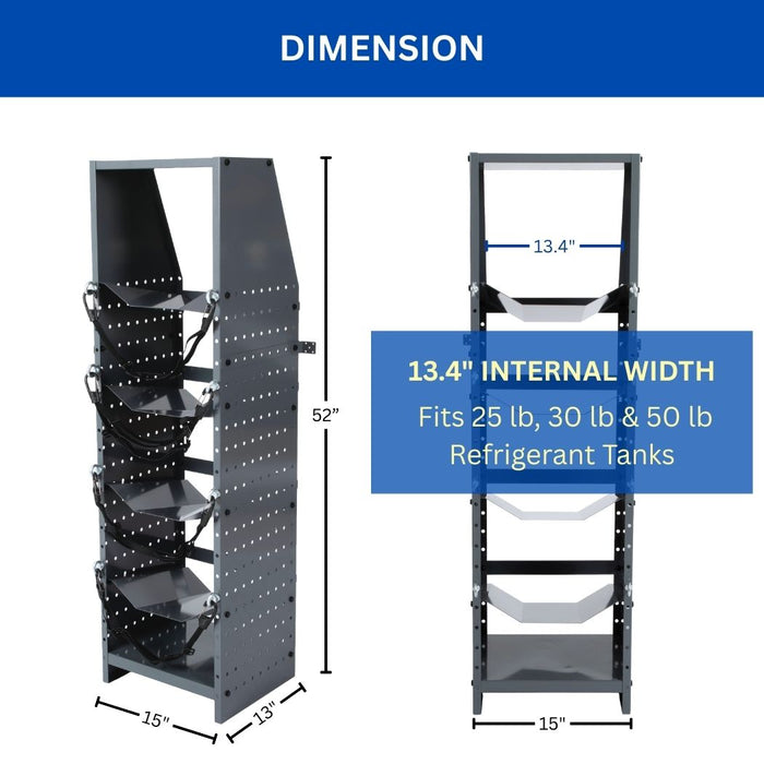 Heavy-Duty Refrigerant Tank Rack, 4 Adjustable Shelves, 15"W x 13"D x 52"H for 25 lb / 30 lb /50 lb Tanks