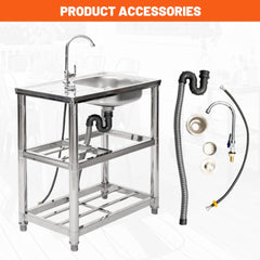 Holzoffer Free Standing Stainless-Steel Single Bowl Commercial Restaurant Kitchen Sink Set w/Faucet & Drainboard, Prep & Utility Washing Hand Basin w/Workbench & Double Storage Shelves Indoor Outdoor