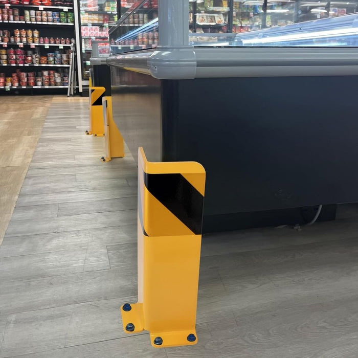 Pallet Rack Post Protectors 12"H, Steel Column Guards w/ Floor Mount Accs , 4 Pack, Yellow with Stripe