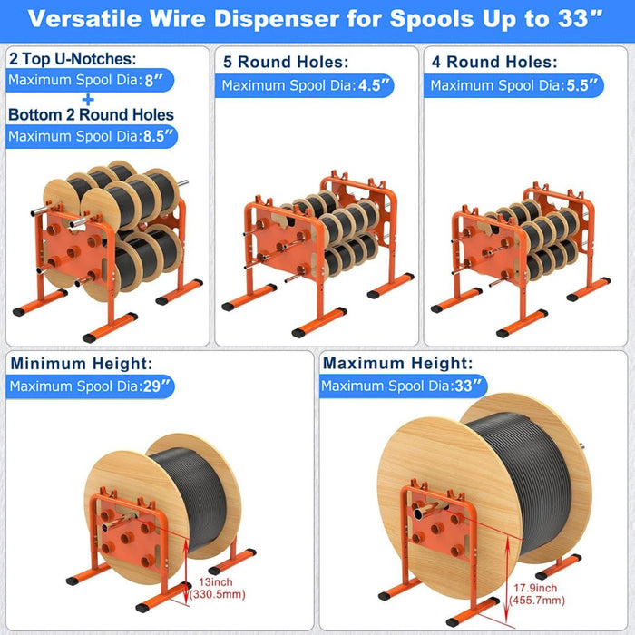 Height Adjustable Wire Dispenser 800 lb Load Capacity, Holds Reels up to 33”Dia, For Multiple Spool Management