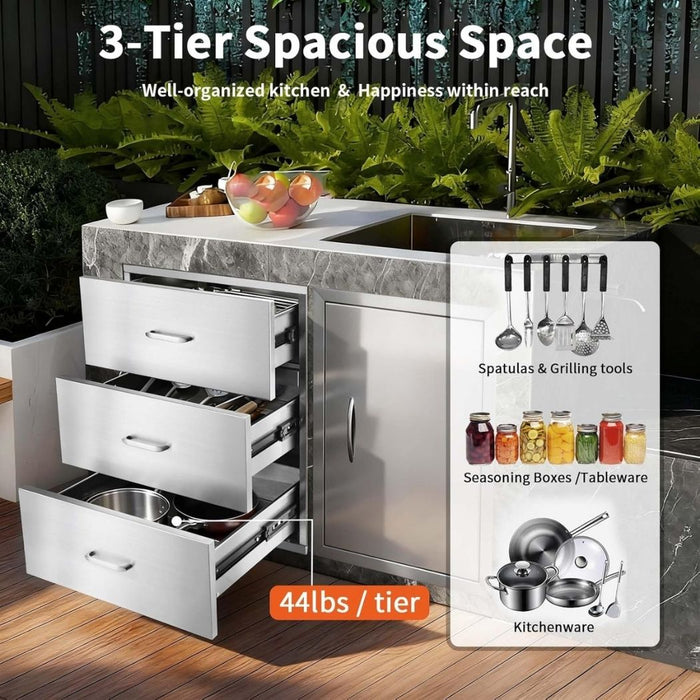 3 Drawer Stainless Steel Kitchen Cabinet, 18"W x 20"D x 23"H, Outdoor Kitchen Cabinet