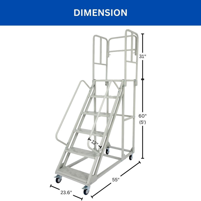 6 Step Rolling Ladder w/ Handrails, 350 lbs Weight Capacity, 60" Top Step Height