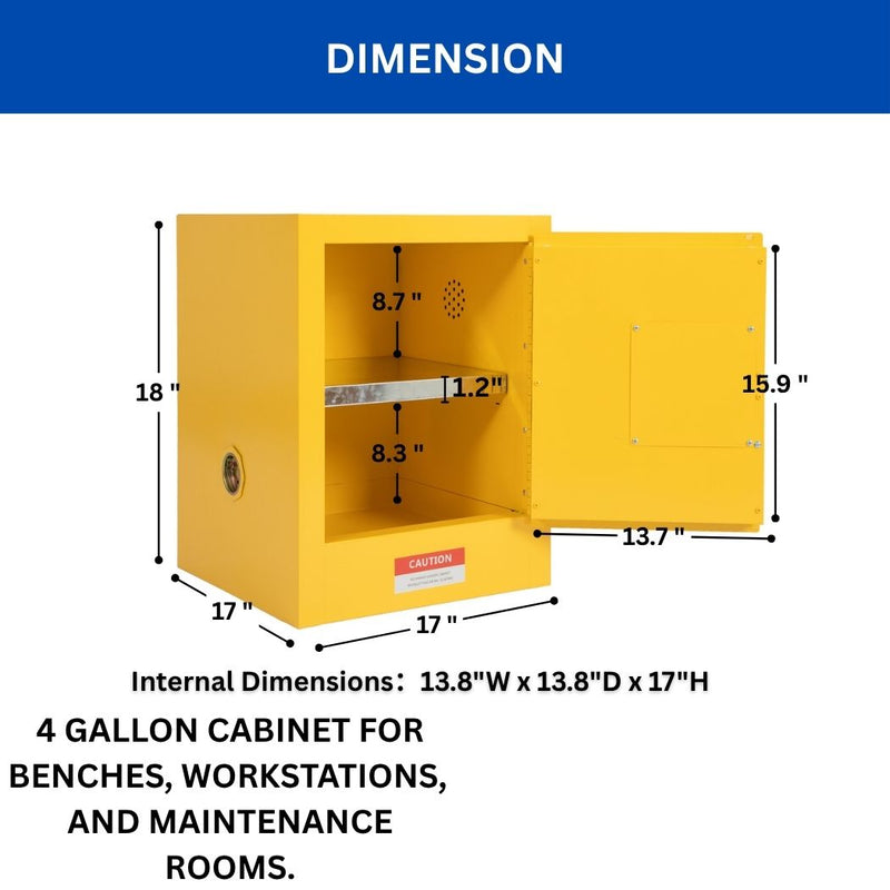 4 Gallon Flammable Cabinet, 17"W x 17"W x 18"H, Safty Storage Cabint, Yellow