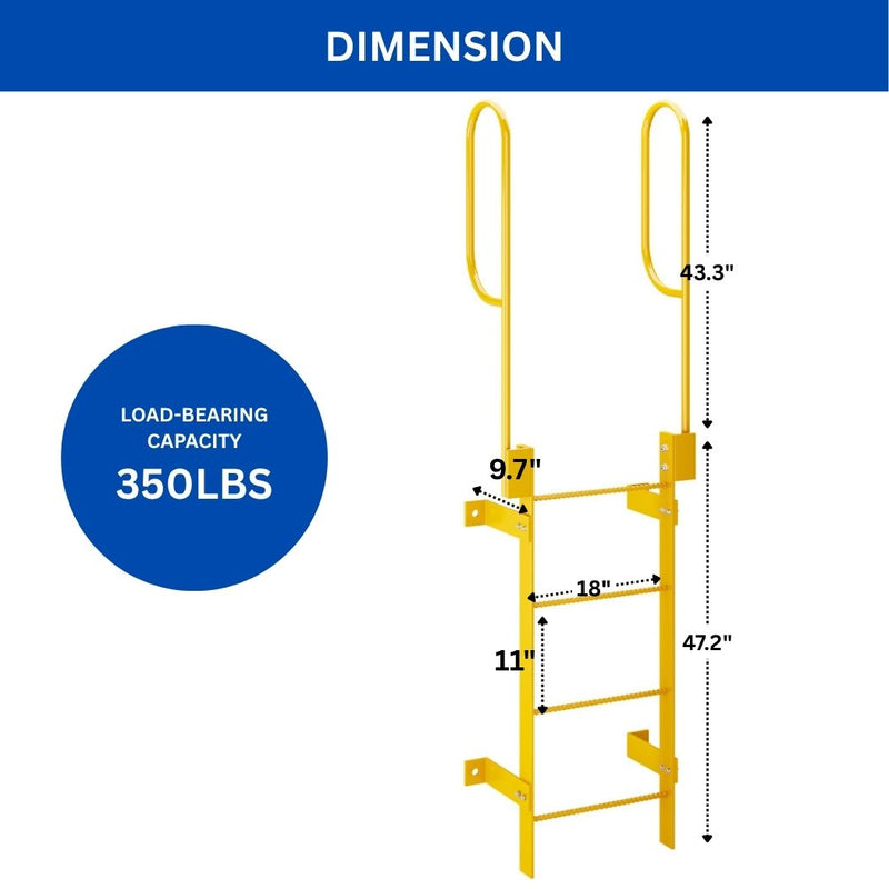 4 Step Steel Roof Access Ladder 3'H, With Handrails, Wall Mount, Yellow