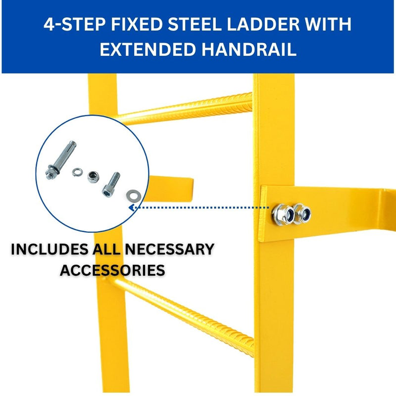 4 Step Steel Roof Access Ladder 3'H, With Handrails, Wall Mount, Yellow