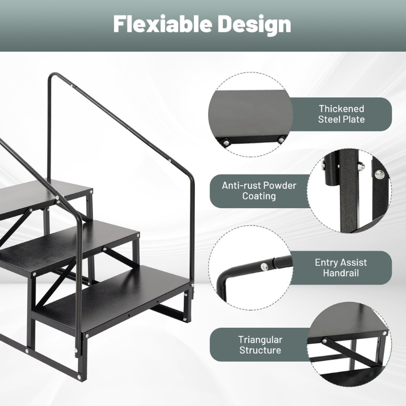 RV Steps with Handrail, 3 Steps Stair, 660 Lb. Capacity